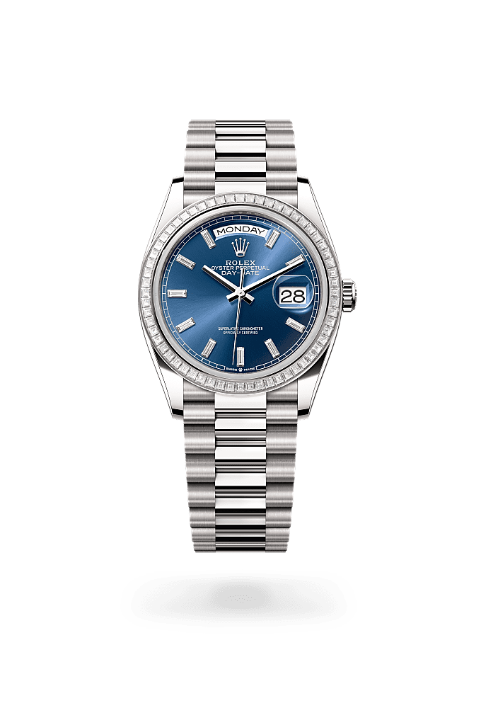 Day-Date 36, Oyster, 36 mm, white gold and diamonds, Dial : Bright blue set with diamonds, Rolex