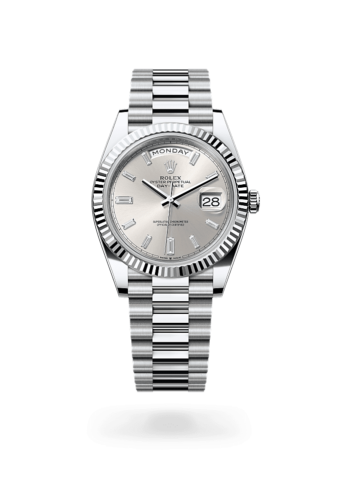 星期日历型 40, 蚝式，40毫米，铂金, 表盘 : 银色，镶钻石, Rolex