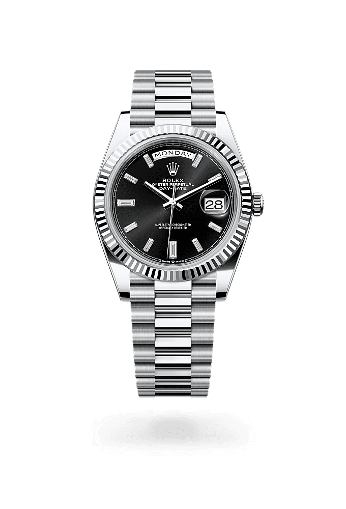 Day-Date 40, Oyster, 40 mm, platinum, Dial : Bright black set with diamonds, Rolex