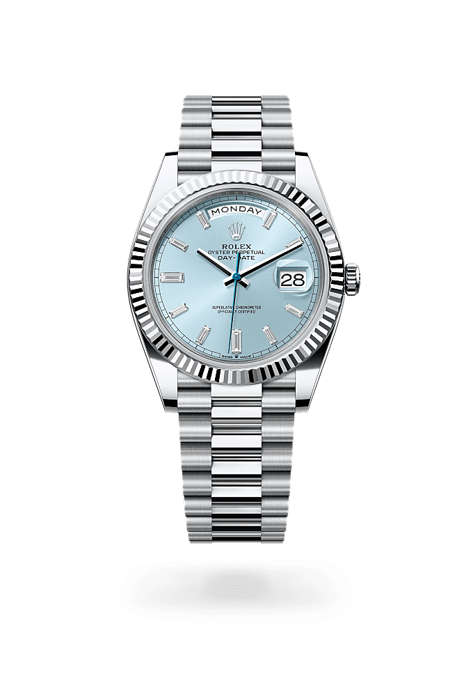 Day-Date 40, Oyster, 40 mm, platinum, Dial : Ice blue set with diamonds, Rolex