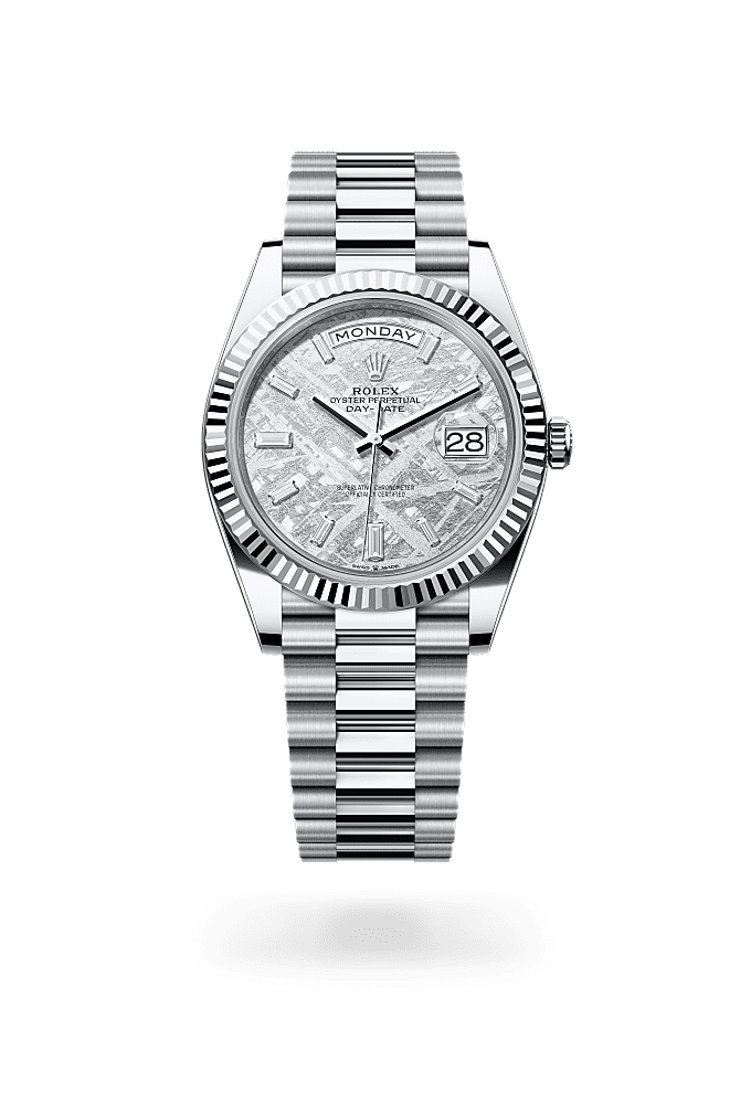 星期日历型 40, 蚝式，40毫米，铂金, 表盘 : 陨石，镶钻石, Rolex