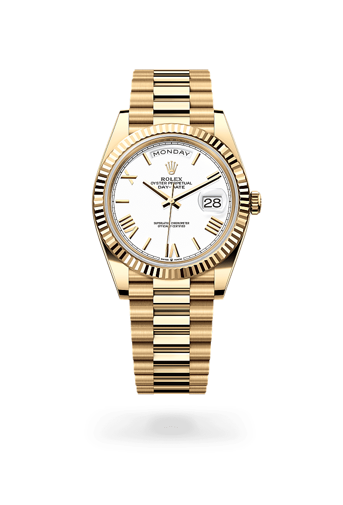 星期日历型 40, 蚝式，40毫米，黄金, 表盘 : 白色, Rolex