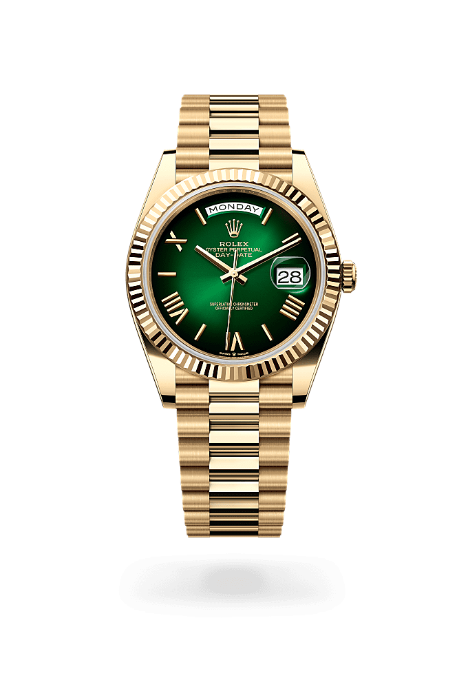 星期日历型 40, 蚝式，40毫米，黄金, 表盘 : 渐变绿色, Rolex