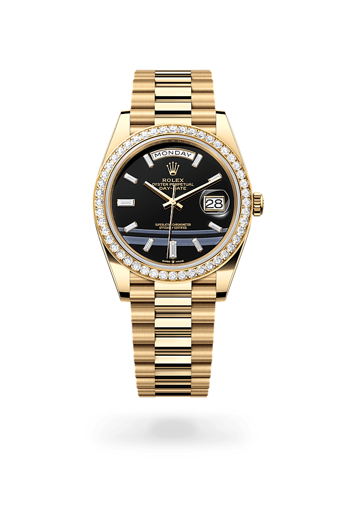 星期日历型 40, 蚝式，40毫米，钻石及黄金, 表盘 : 缟玛瑙，镶钻石, Rolex