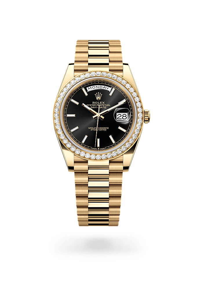 Day-Date 40, Oyster, 40 mm, yellow gold and diamonds, Dial : Bright black, Rolex