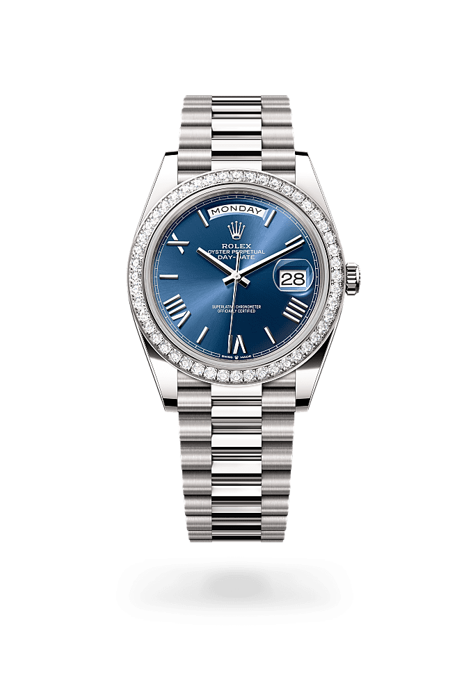 Day-Date 40, Oyster, 40 mm, white gold and diamonds, Dial : Bright blue, Rolex