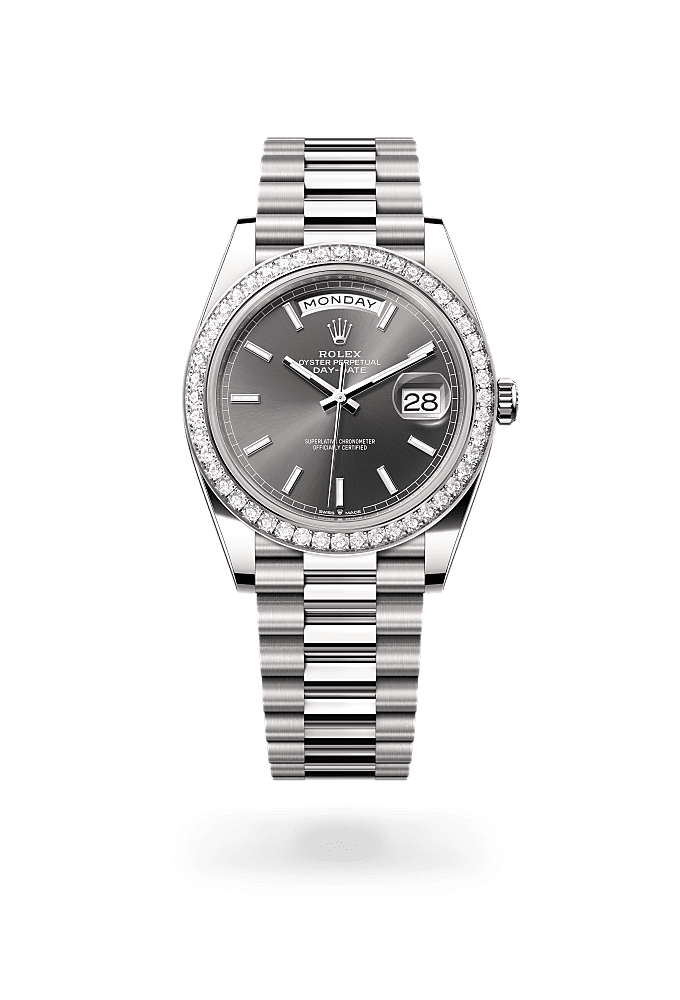 星期日历型 40, 蚝式，40毫米，钻石及白色黄金, 表盘 : 石板灰色, Rolex