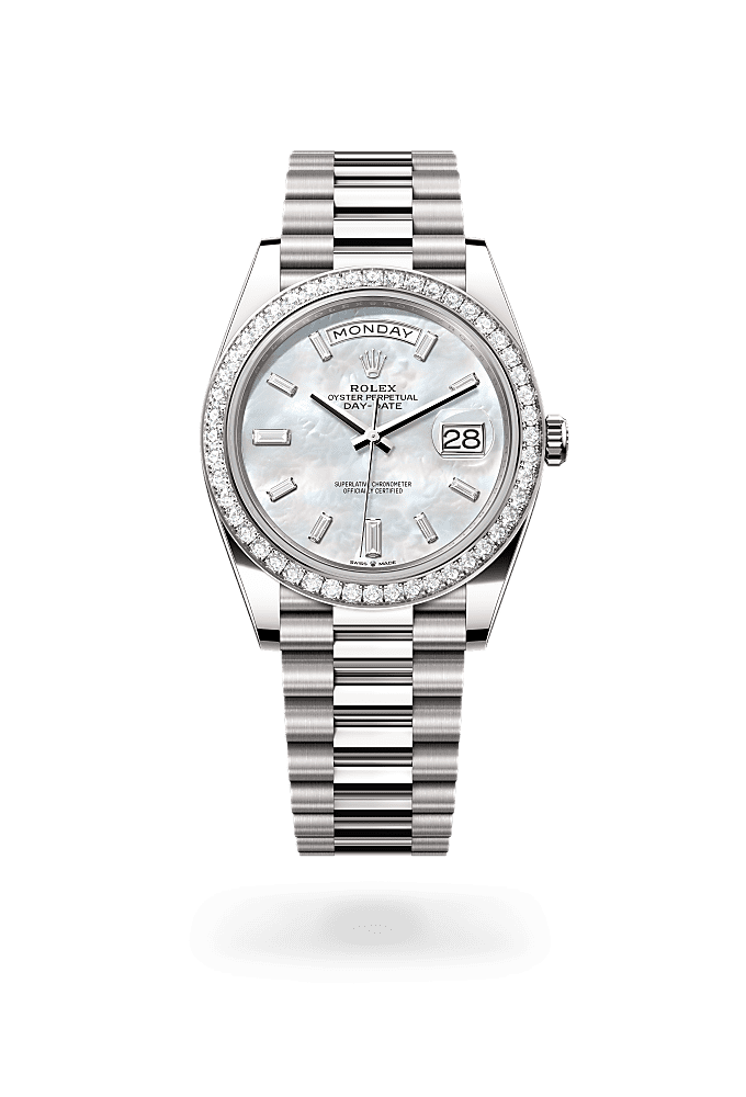 星期日历型 40, 蚝式，40毫米，钻石及白色黄金, 表盘 : 白色珍珠母，镶钻石, Rolex