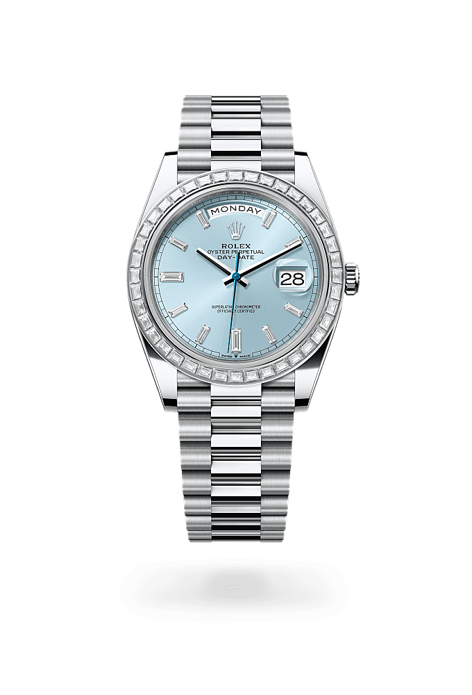 Day-Date 40, Oyster, 40 mm, platinum and diamonds, Dial : Ice blue set with diamonds, Rolex