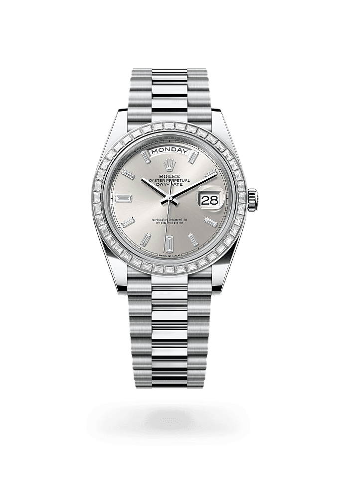 Day-Date 40, Oyster, 40 mm, platinum and diamonds, Dial : Silver set with diamonds, Rolex