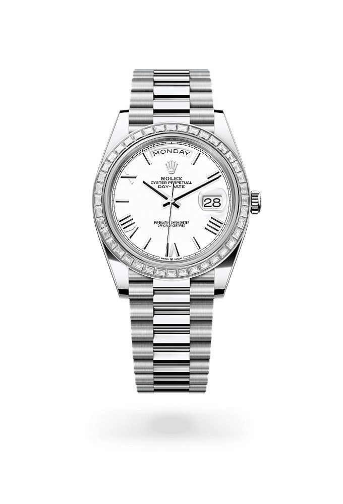 星期日历型 40, 蚝式，40毫米，钻石及铂金, 表盘 : 白色, Rolex