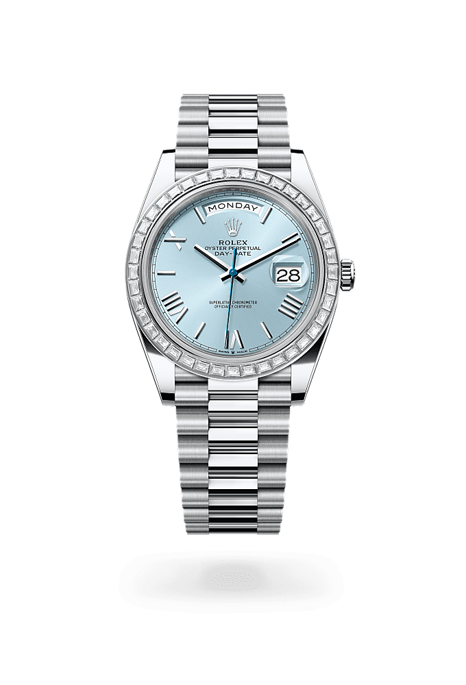 星期日历型 40, 蚝式，40毫米，钻石及铂金, 表盘 : 冰蓝色, Rolex