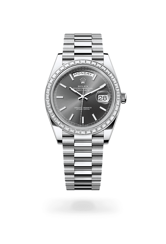 星期日历型 40, 蚝式，40毫米，钻石及铂金, 表盘 : 石板灰色, Rolex