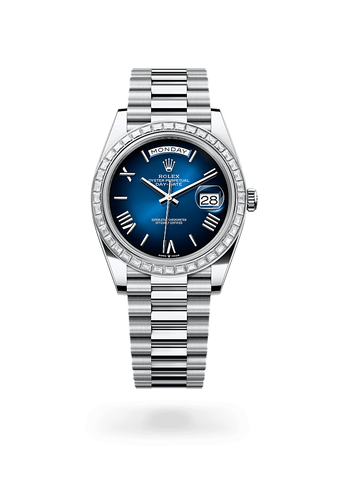 星期日历型 40, 蚝式，40毫米，钻石及铂金, 表盘 : 渐变蓝色, Rolex