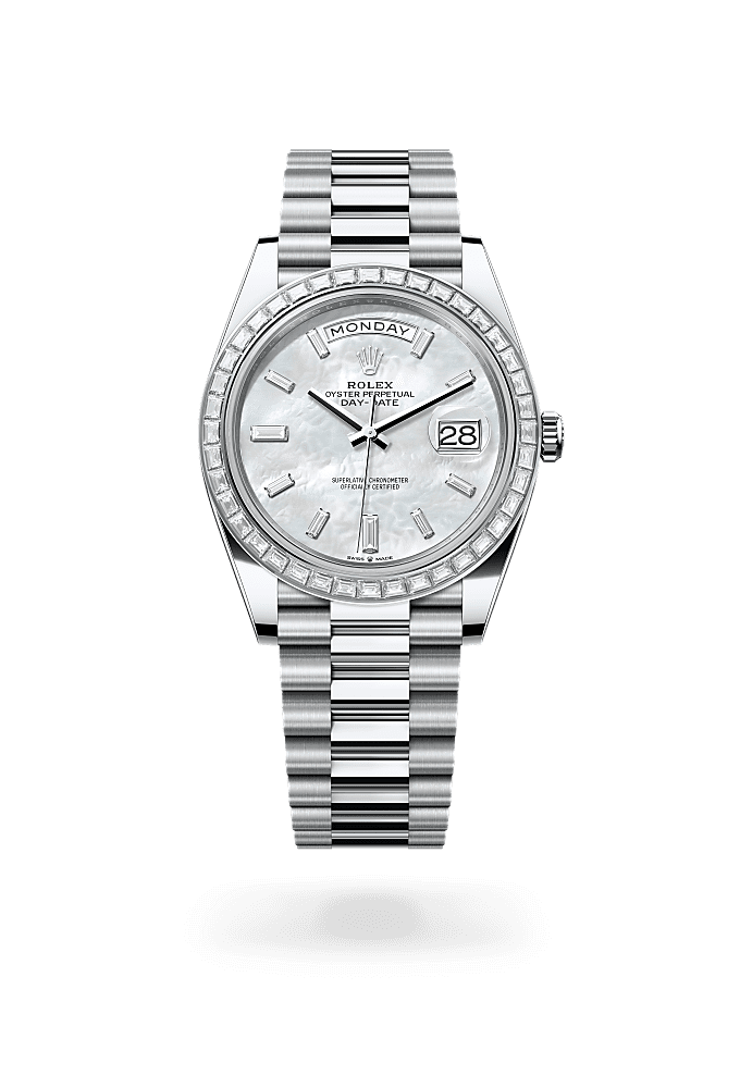 Day-Date 40, Oyster, 40 mm, platinum and diamonds, Dial : White mother-of-pearl set with diamonds, Rolex