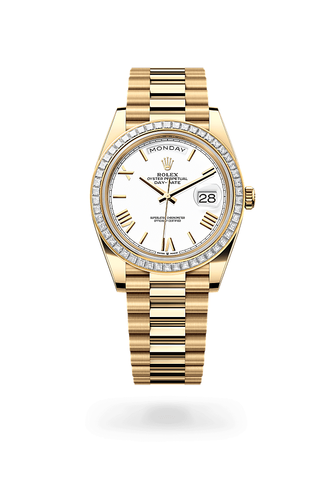 星期日历型 40, 蚝式，40毫米，钻石及黄金, 表盘 : 白色, Rolex