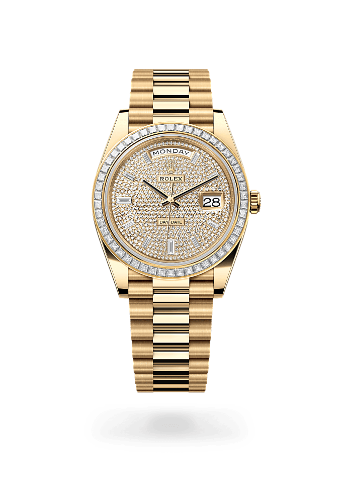 星期日历型 40, 蚝式，40毫米，钻石及黄金, 表盘 : 密镶钻石, Rolex