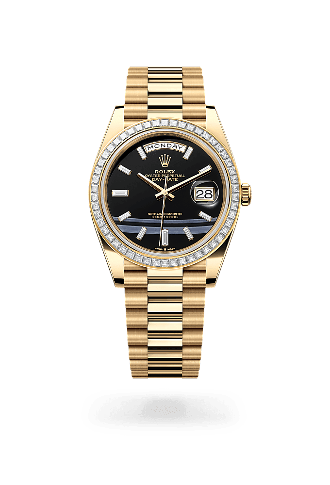 星期日历型 40, 蚝式，40毫米，钻石及黄金, 表盘 : 缟玛瑙，镶钻石, Rolex