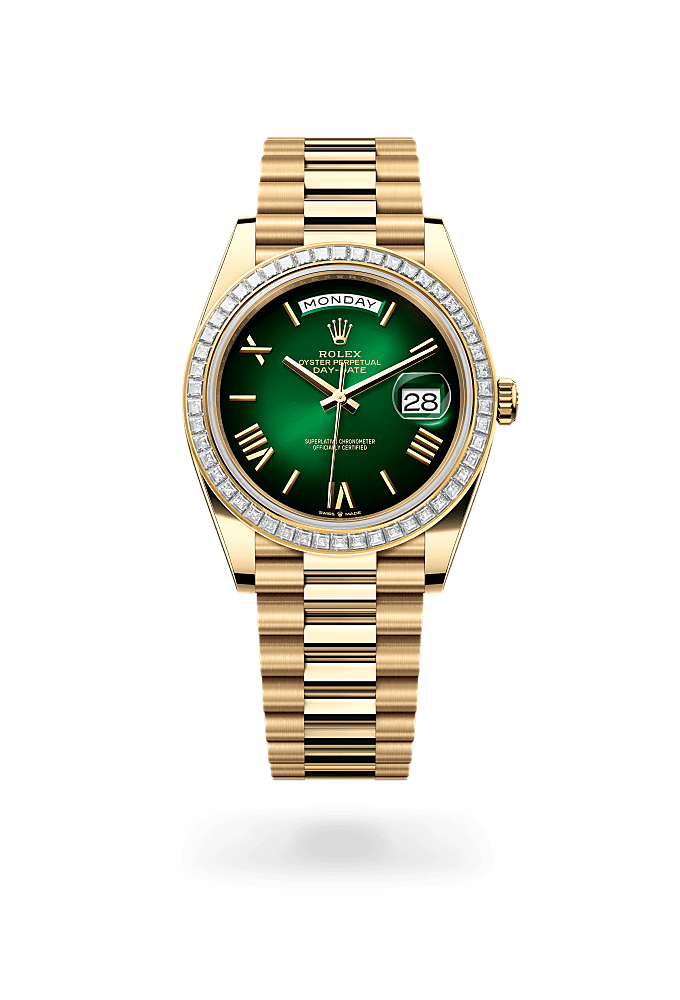 Day-Date 40, Oyster, 40 mm, yellow gold and diamonds, Dial : Green ombré, Rolex