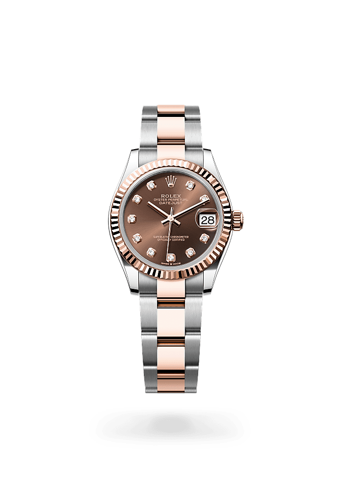 Datejust 31, Oyster, 31 mm, Oystersteel and Everose gold, Dial : Chocolate set with diamonds, Rolex