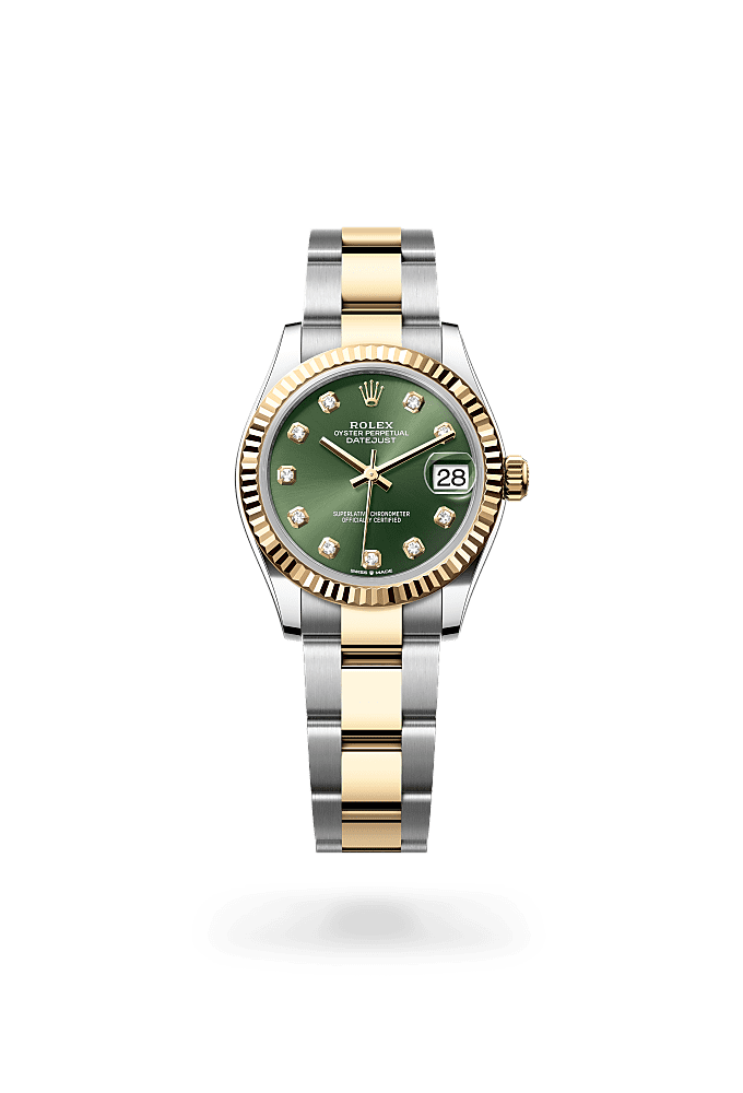 日志型 31, 蚝式，31毫米，黄金及蚝式钢, 表盘 : 橄榄绿色，镶钻石, Rolex