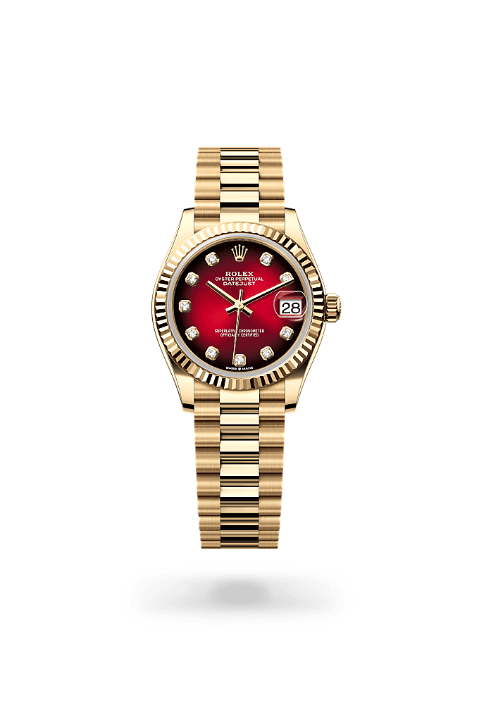Datejust 31, Oyster, 31 mm, yellow gold, Dial : Red ombré set with diamonds, Rolex