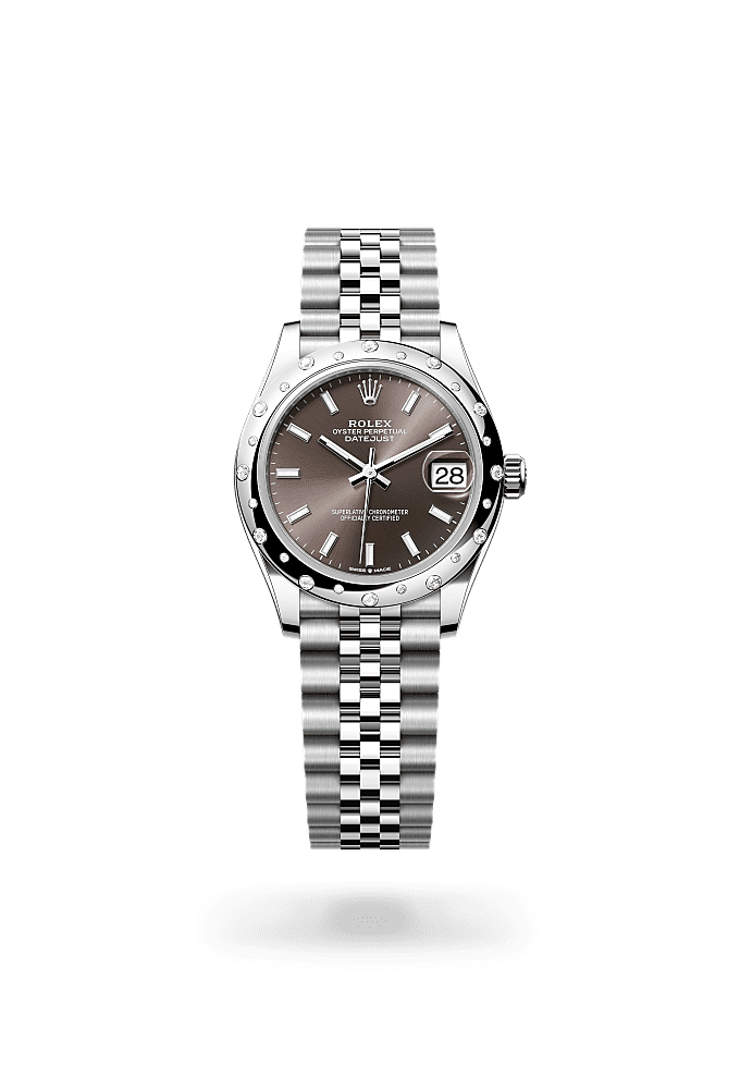 Datejust 31, Oyster, 31 mm, Oystersteel, white gold and diamonds, Dial : Dark grey, Rolex