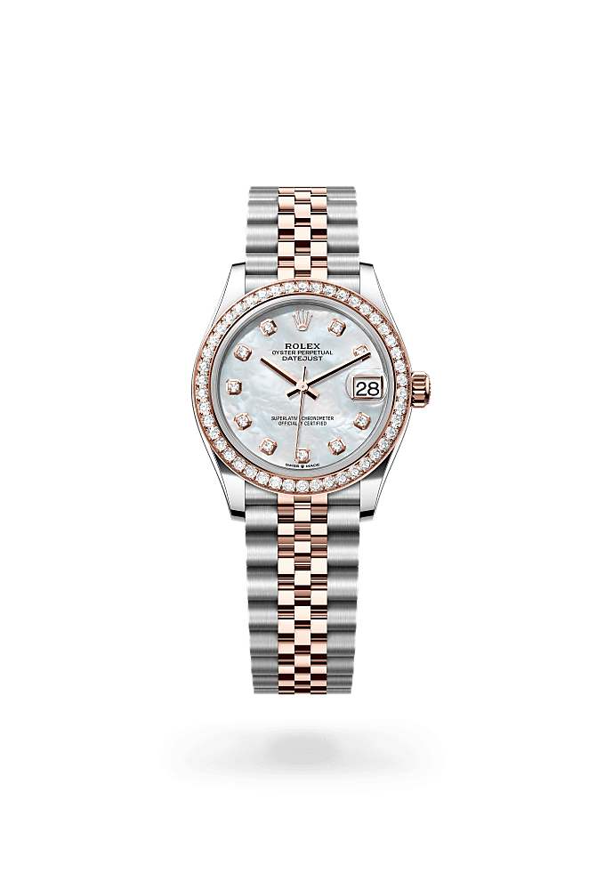 Datejust 31, Oyster, 31 mm, Oystersteel, Everose gold and diamonds, Dial : White mother-of-pearl set with diamonds, Rolex