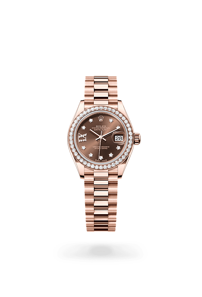 Lady-Datejust, Oyster, 28 mm, Everose gold and diamonds, Dial : Chocolate set with diamonds, Rolex