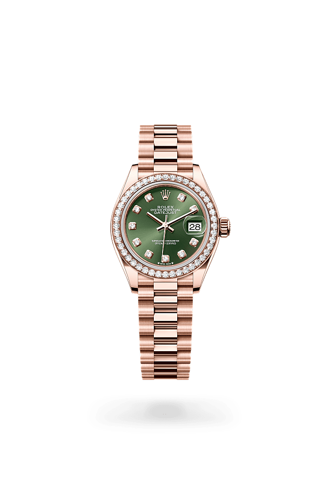 Lady-Datejust, Oyster, 28 mm, Everose gold and diamonds, Dial : Olive green set with diamonds, Rolex