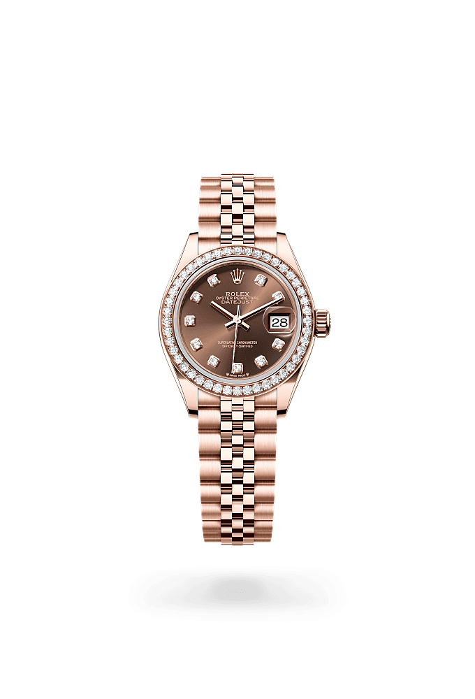 Lady-Datejust, Oyster, 28 mm, Everose gold and diamonds, Dial : Chocolate set with diamonds, Rolex