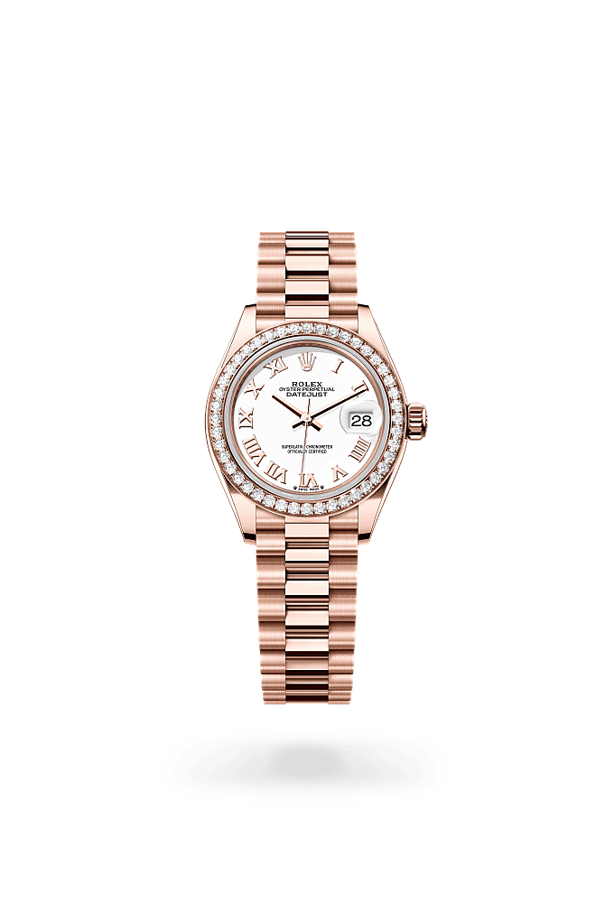 Lady-Datejust, Oyster, 28 mm, Everose gold and diamonds, Dial : White, Rolex