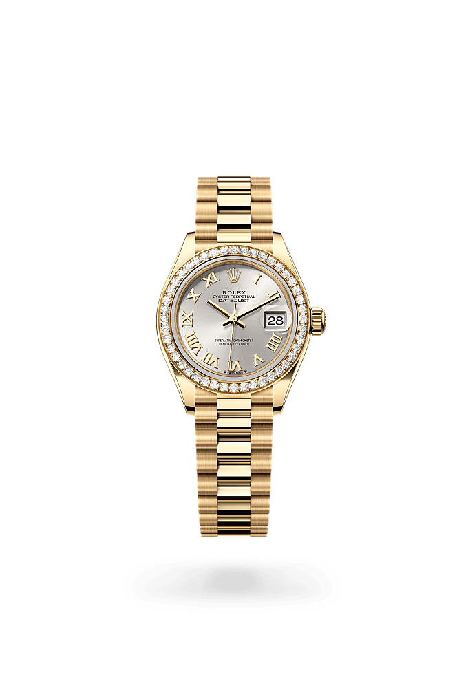 Lady-Datejust, Oyster, 28 mm, yellow gold and diamonds, Dial : Silver, Rolex