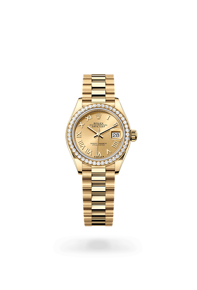 Lady-Datejust, Oyster, 28 mm, yellow gold and diamonds, Dial : Champagne-colour, Rolex