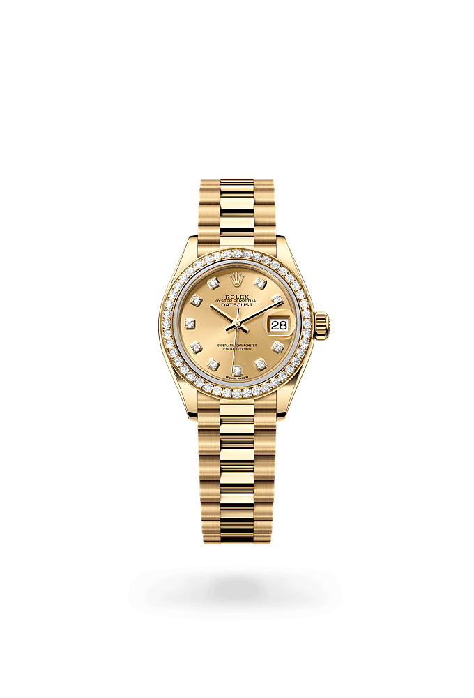 Lady-Datejust, Oyster, 28 mm, yellow gold and diamonds, Dial : Champagne-colour set with diamonds, Rolex