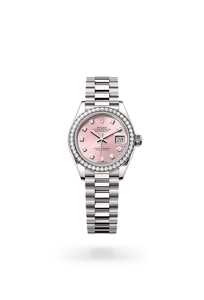 Lady-Datejust, Oyster, 28 mm, white gold and diamonds, Dial : Pink set with diamonds, Rolex