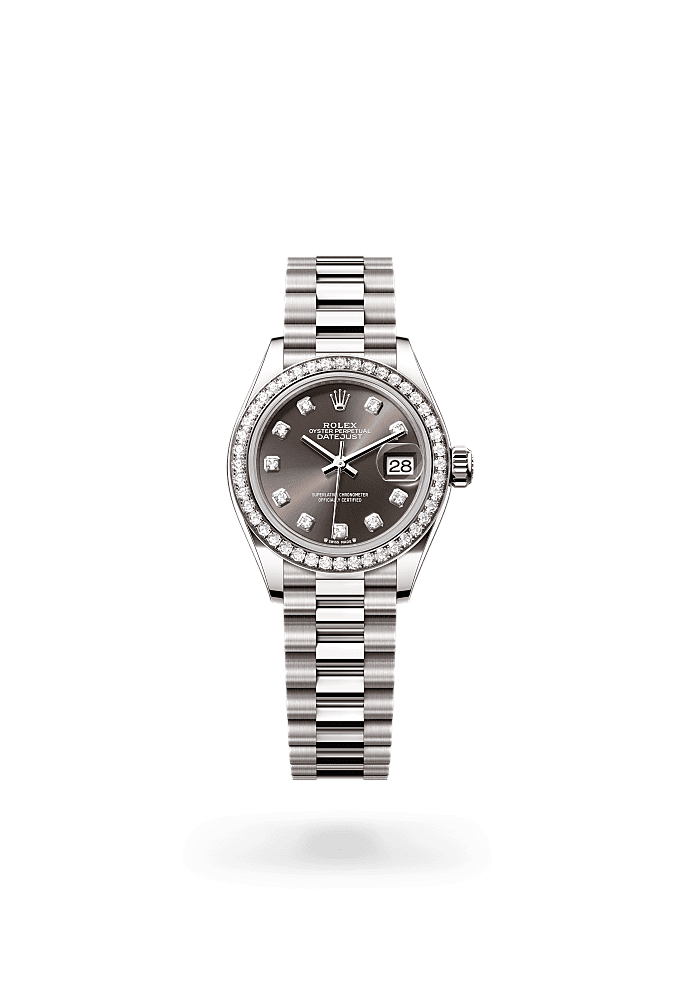 Lady-Datejust, Oyster, 28 mm, white gold and diamonds, Dial : Dark grey set with diamonds, Rolex
