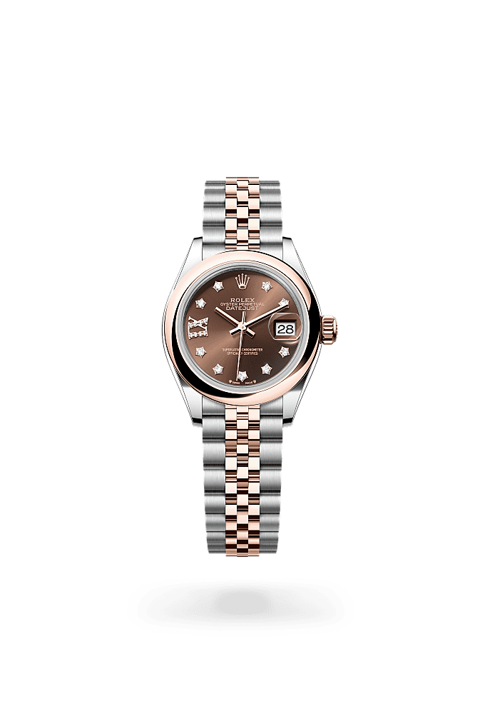 Lady-Datejust, Oyster, 28 mm, Oystersteel and Everose gold, Dial : Chocolate set with diamonds, Rolex