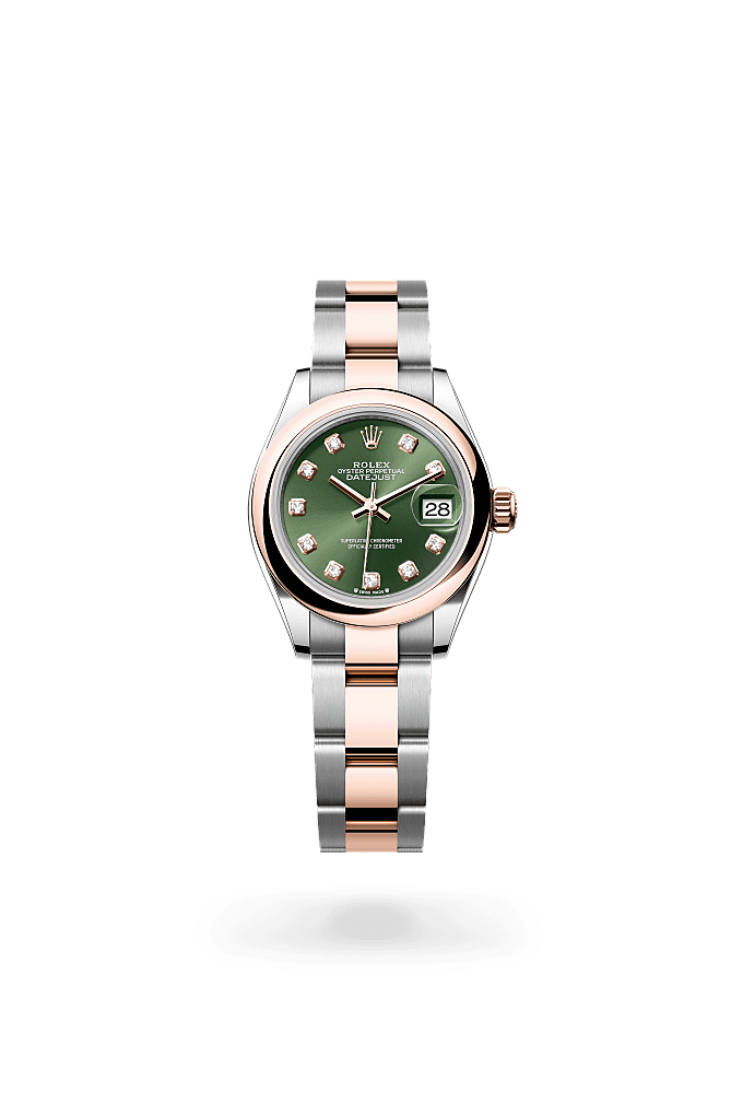 Lady-Datejust, Oyster, 28 mm, Oystersteel and Everose gold, Dial : Olive green set with diamonds, Rolex
