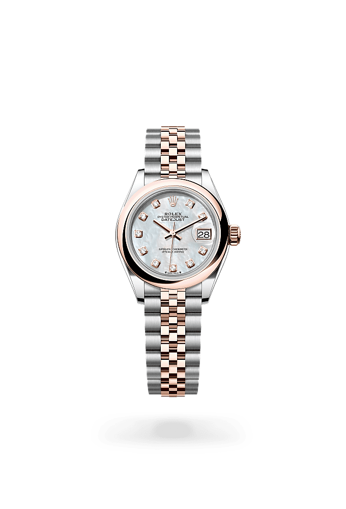 Lady-Datejust, Oyster, 28 mm, Oystersteel and Everose gold, Dial : White mother-of-pearl set with diamonds, Rolex