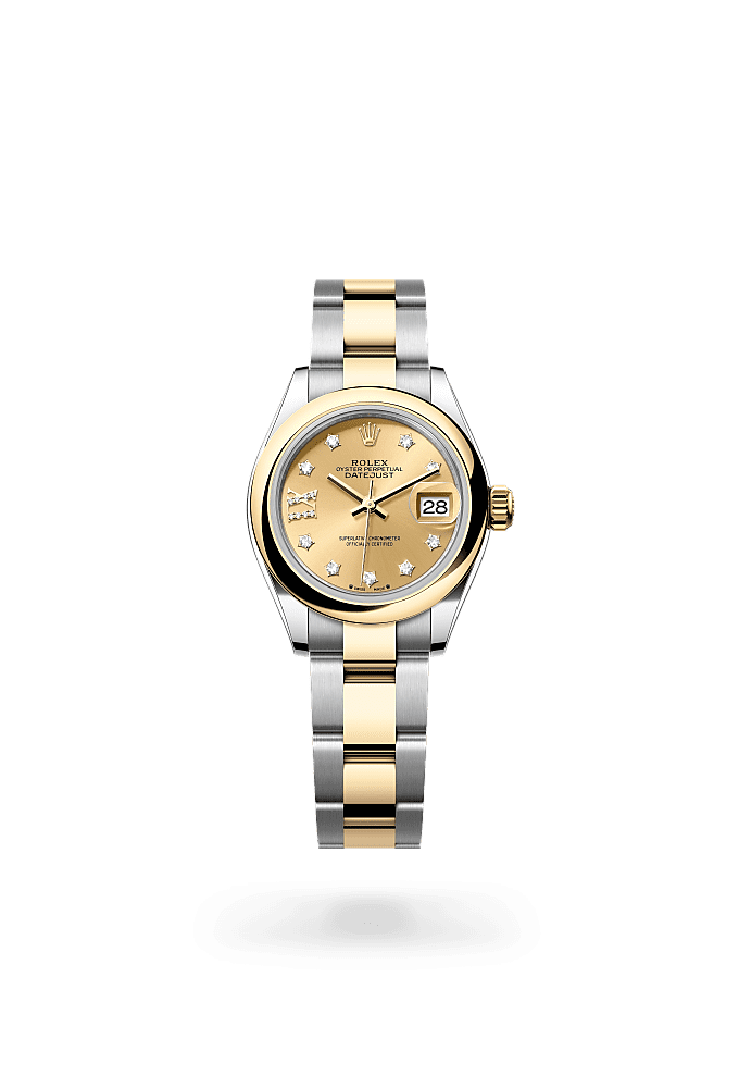 Lady-Datejust, Oyster, 28 mm, Oystersteel and yellow gold, Dial : Champagne-colour set with diamonds, Rolex
