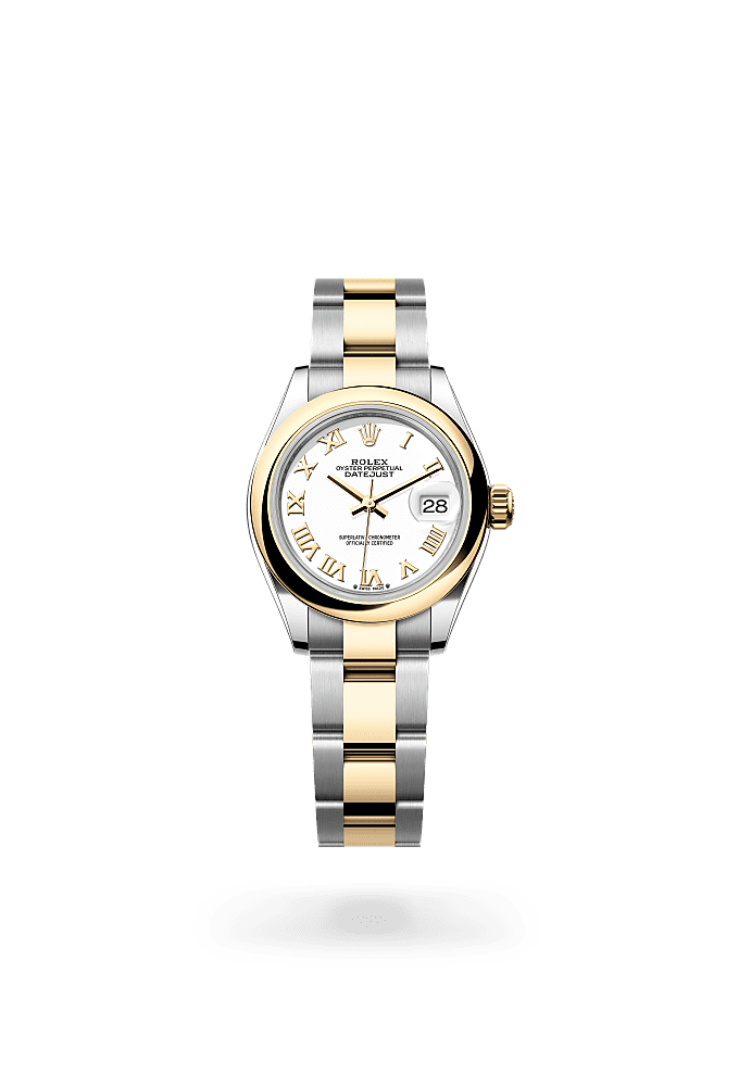 女装日志型, 蚝式，28毫米，黄金及蚝式钢, 表盘 : 白色, Rolex