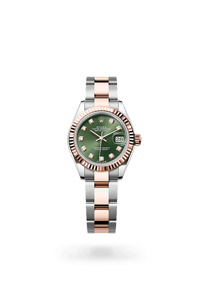 Lady-Datejust, Oyster, 28 mm, Oystersteel and Everose gold, Dial : Olive green set with diamonds, Rolex