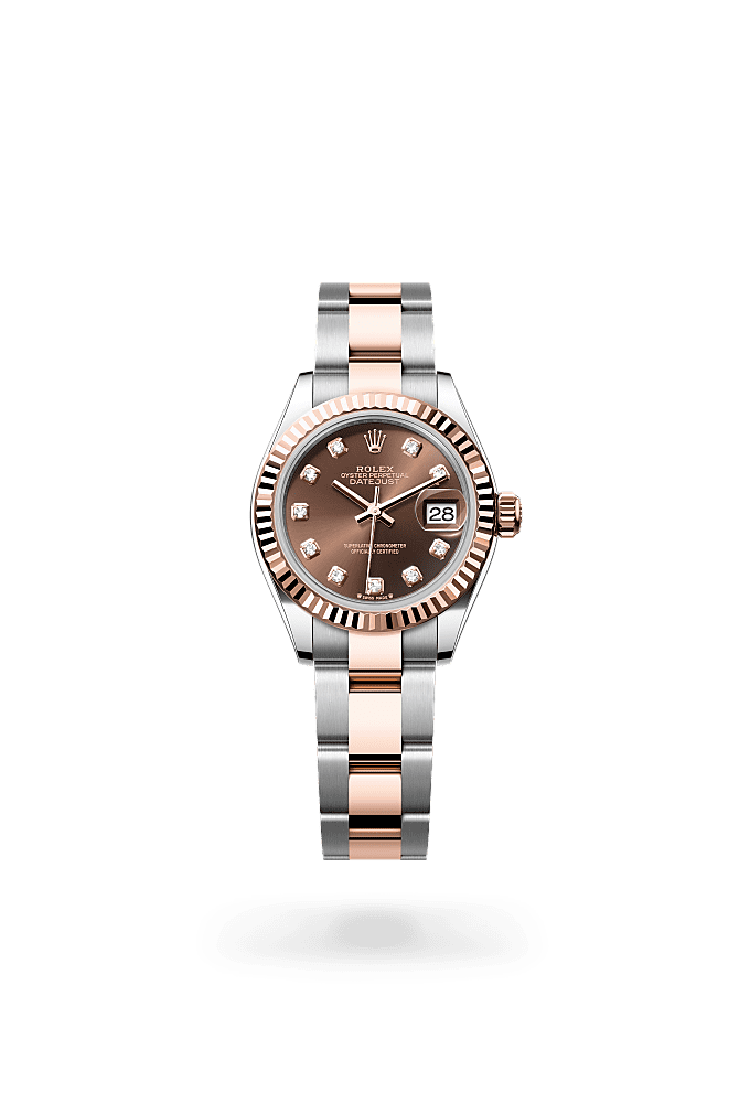 Lady-Datejust, Oyster, 28 mm, Oystersteel and Everose gold, Dial : Chocolate set with diamonds, Rolex