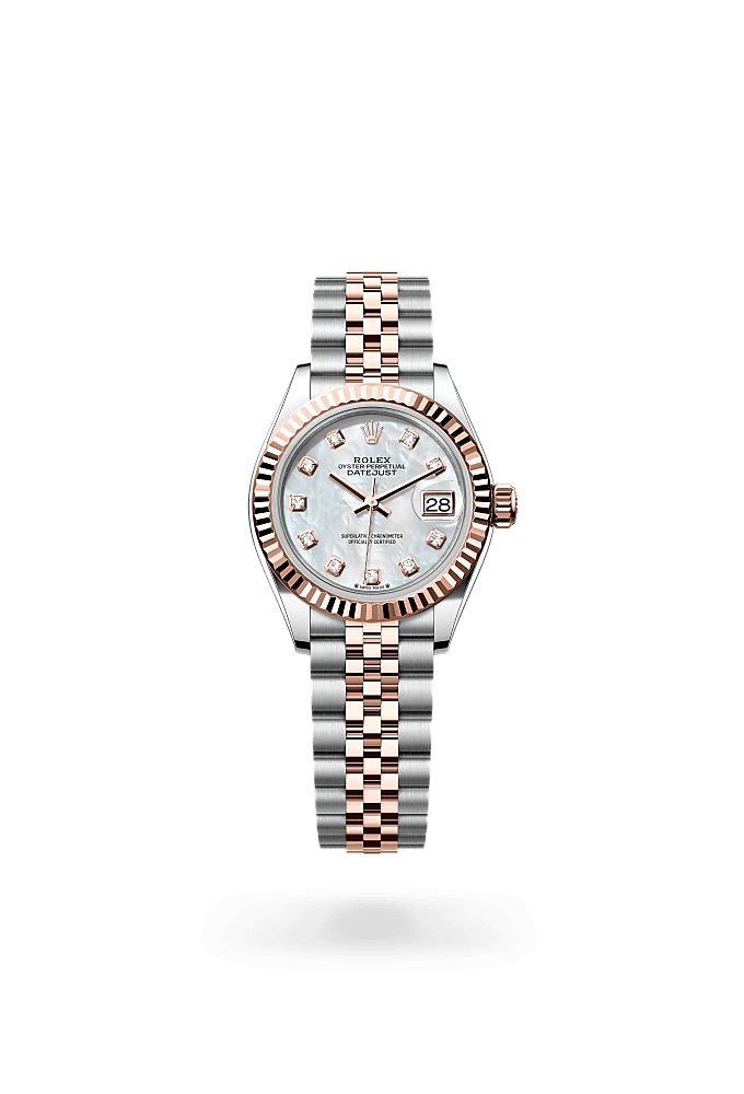 Lady-Datejust, Oyster, 28 mm, Oystersteel and Everose gold, Dial : White mother-of-pearl set with diamonds, Rolex