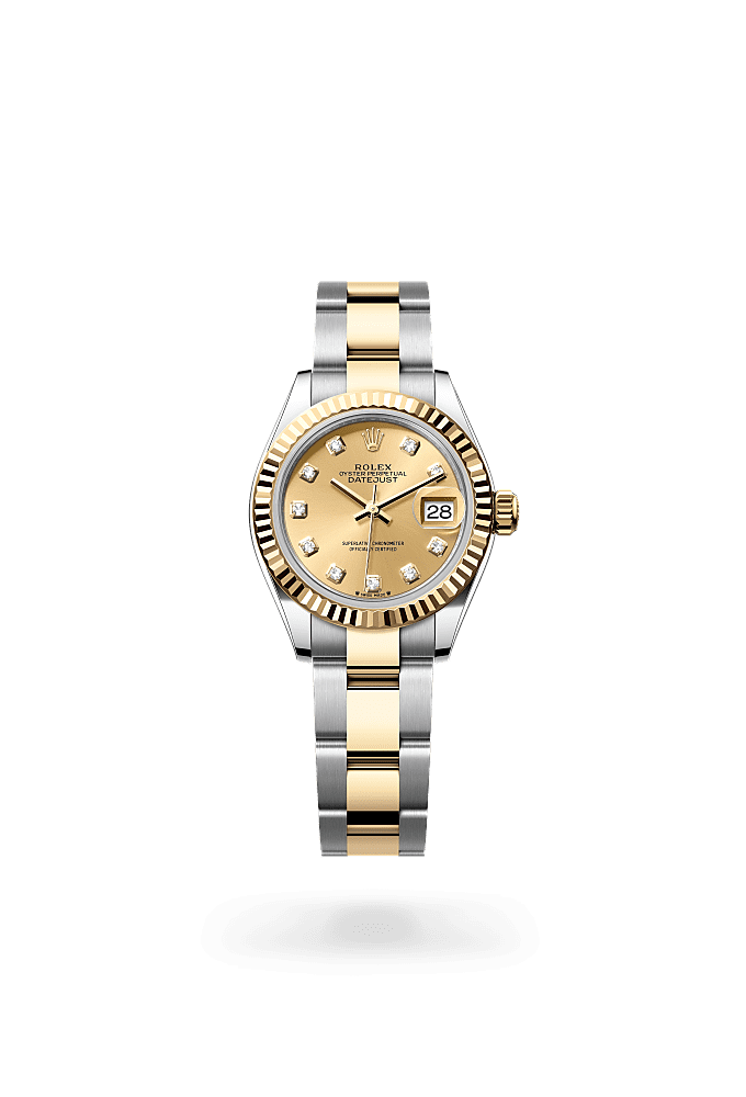 女装日志型, 蚝式，28毫米，黄金及蚝式钢, 表盘 : 香槟色，镶钻石, Rolex