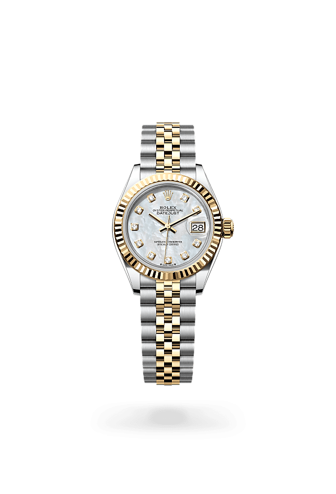 Lady-Datejust, Oyster, 28 mm, Oystersteel and yellow gold, Dial : White mother-of-pearl set with diamonds, Rolex