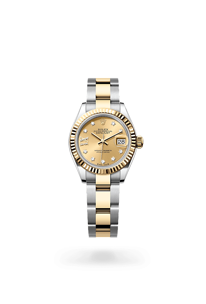 Lady-Datejust, Oyster, 28 mm, Oystersteel and yellow gold, Dial : Champagne-colour set with diamonds, Rolex