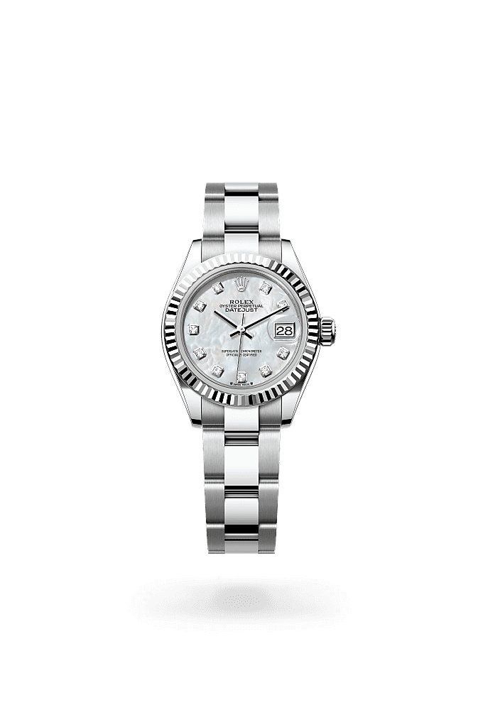 Lady-Datejust, Oyster, 28 mm, Oystersteel and white gold, Dial : White mother-of-pearl set with diamonds, Rolex