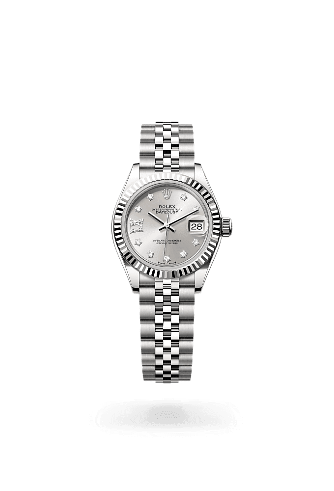 Lady-Datejust, Oyster, 28 mm, Oystersteel and white gold, Dial : Silver set with diamonds, Rolex
